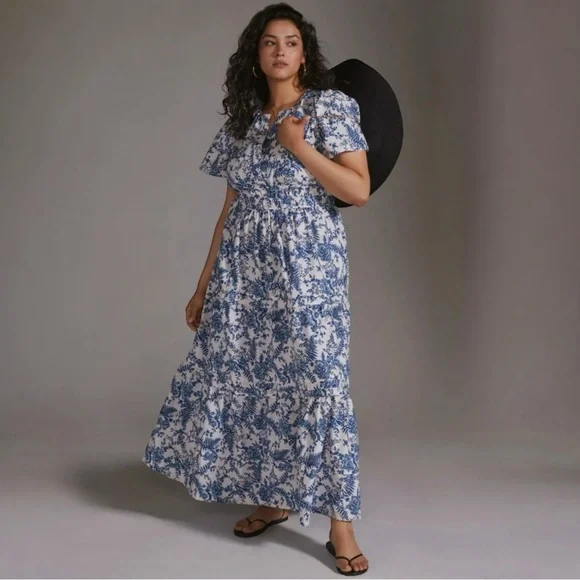 Anthropologie 1X somerset maxi dress toile French blue floral print cottagecore